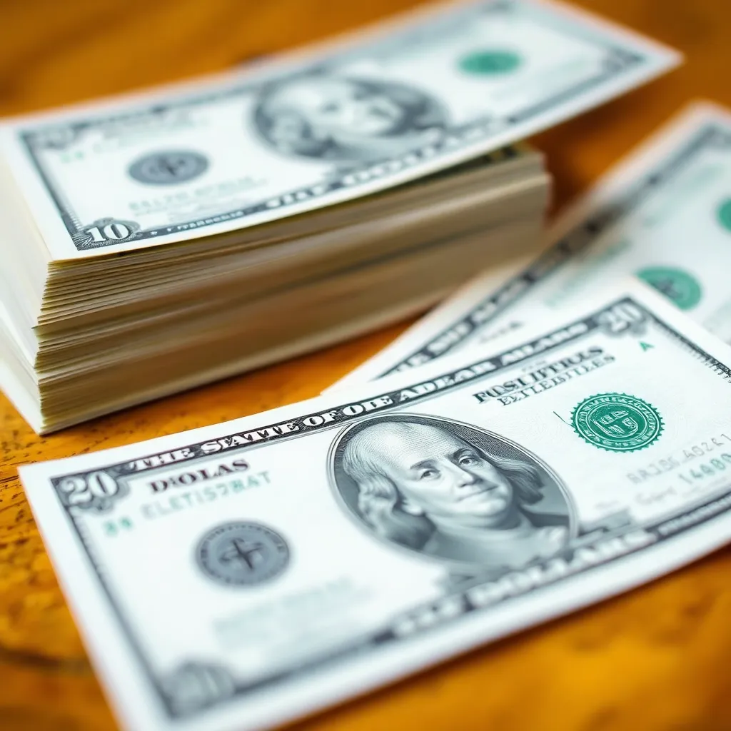 Billetes de dólares estadounidenses apilados en primer plano con fondo desenfocado, representando dinero y cambio de divisas